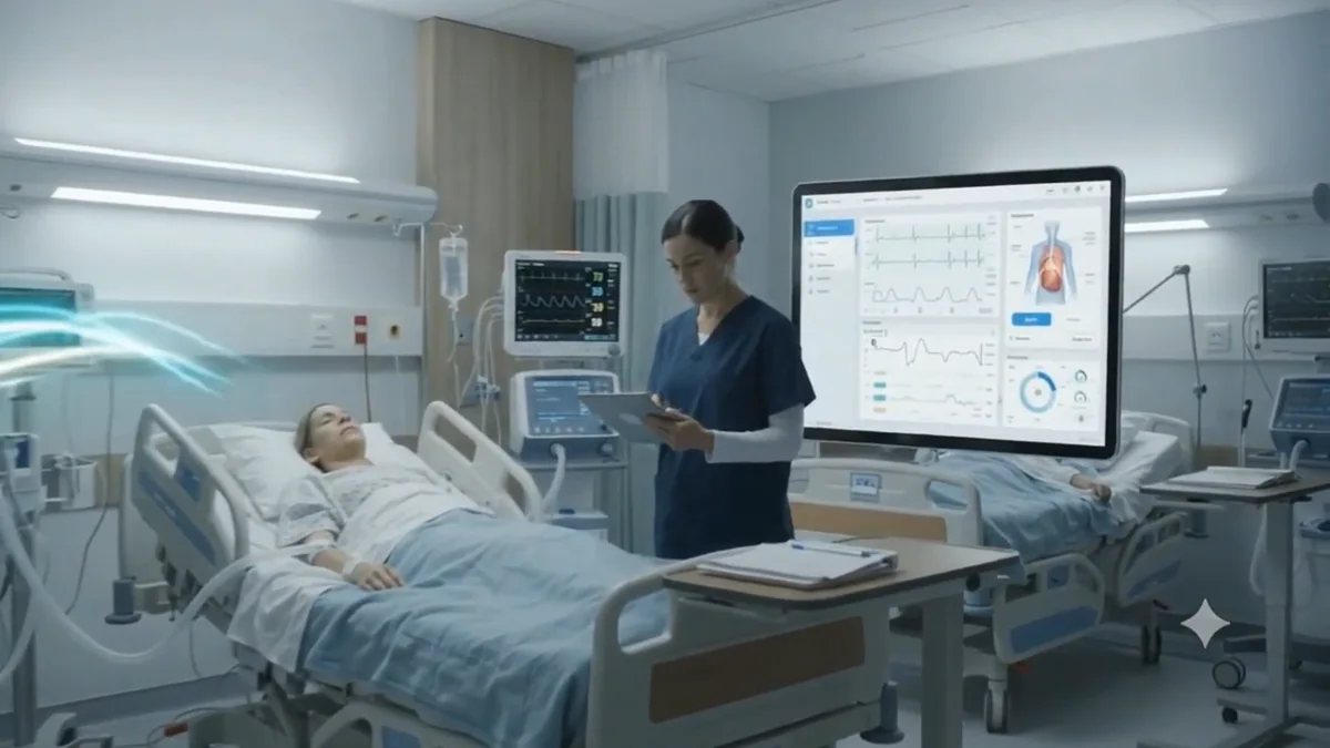 An ICU nurse at the bedside with the full Patient 360 view on the wall screen